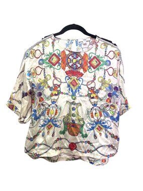 Vintage Vera Moda Silk Blouse Baroque Print Beaded Shoulder Size 38 M #4b